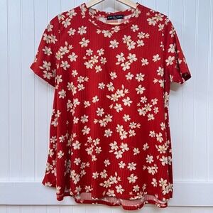 Kim Cami Floral Shirt Hawaiian Tropical Preppy Fun Red Short Sleeve‎ Women's L